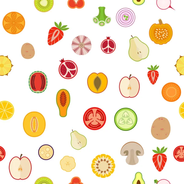 Nahtloser Hintergrund mit Obst und Gemüse auf weißem Hintergrund. flache Bauweise. Vektorillustration — Stockvektor