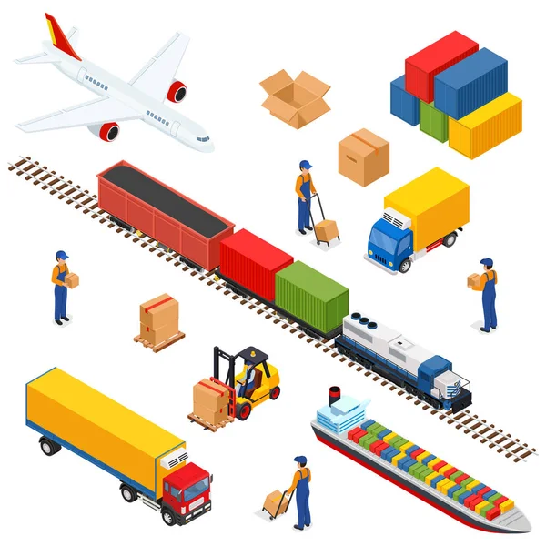 Isometric Logistics composition of different transportation distribution vehicles, delivery elements. Air cargo trucking, rail transportation, maritime shipping. 3D illustration.