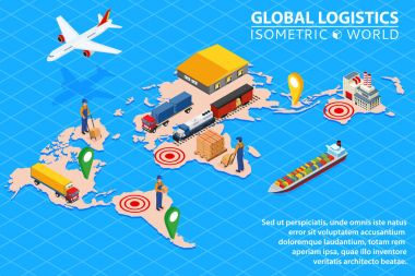 Global lojistik ağ düz 3d izometrik vektör çizim demiryolu ulaşım deniz nakliye taşımacılık şirketinin hava kargo kümesi.