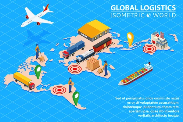 Global logistics network Flat 3d isometric vector illustration Set of air cargo trucking rail transportation maritime shipping. — Stock Vector