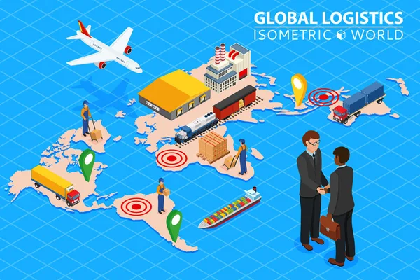 Global logistics network Flat 3d isometric vector illustration Set of air cargo trucking rail transportation maritime shipping. Business concept agreement and cooperation. — Stock Vector