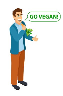Vegan gidin. İzometrik genç karakter bir havuç yiyor.