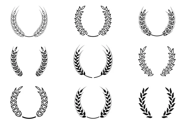 Black laurel wreath - a symbol of the winner. Wheat ears or rice icons set. — Stock Vector