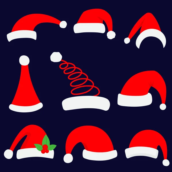 Weihnachtsmann Weihnachtsmütze Vektor Illustration. roter Weihnachtsmann Zylinder Set. — Stockvektor