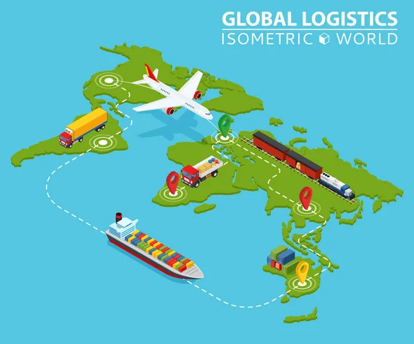 Global Logistic Isomtric Vehicle Infographic (en inglés). Servicio de logística de furgonetas de carga naval. Cadena de exportación de importación. Entregas aseguradas Dibujo. Distribuir objetos Vector de envío. Envío rápido de entrega — Vector de stock