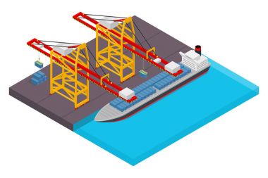 Liman waterfront ve konteyner gemisi yükleme izometrik posteri ile Deniz Terminali havadan görünümü