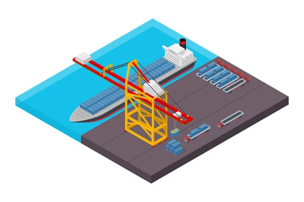 Aerial view of harbor waterfront and maritime terminal with container ship loading — Stock Vector