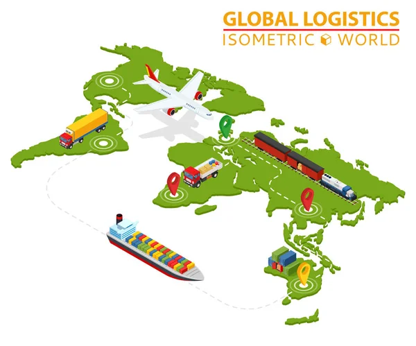 Global Logistic Isomtric Vehicle Infographic (en inglés). Servicio de logística de furgonetas de carga naval. Cadena de exportación de importación. Entregas garantizadas Dibujo . — Vector de stock