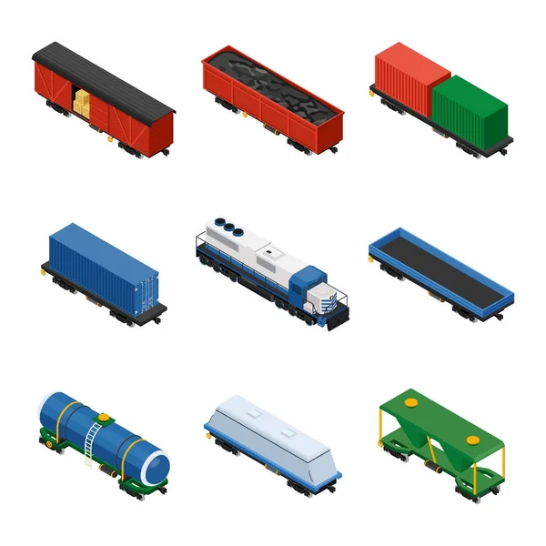 Trains isometric set of freight trains consisting of locomotives, platforms for transportation of containers, covered wagons, cisterns, and rail cars for bulk cargoes on white background. — Stock Vector
