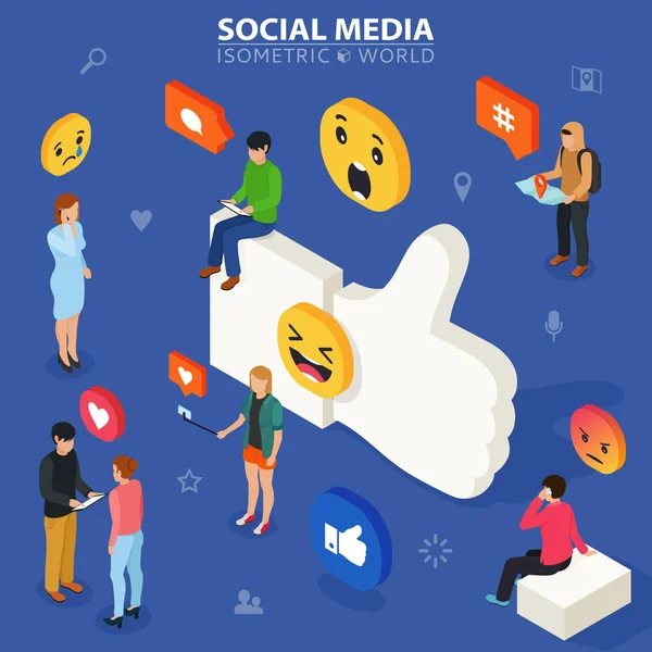 Social media isometric concept. Young people communicate with each other. Social networking and blogging. Flat design of guys and women near big symbol. — Stock Vector