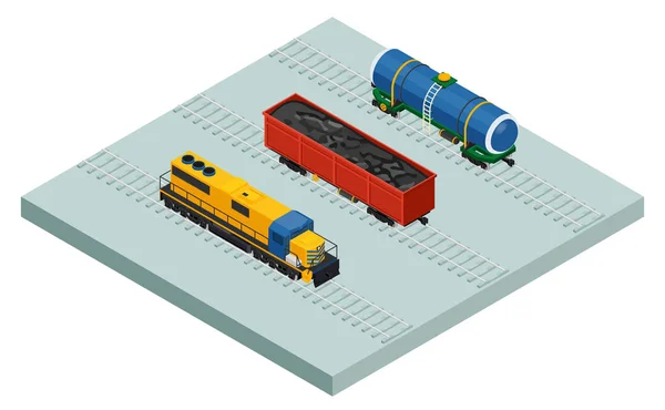 Vector isometric railroad cargo trains and cars icon set — Stock Vector