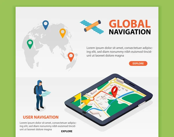 Flache 3d isometrische mobile GPS-Navigationskarten Vektor. Welt Silhouette Pin. Tablet mit GPS-Navigator. — Stockvektor