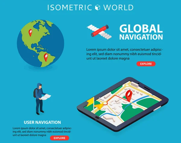 Plano 3d isométrico móvil GPS mapas de navegación vector. Alfiler de silueta mundial. Tableta con navegador GPS . — Vector de stock