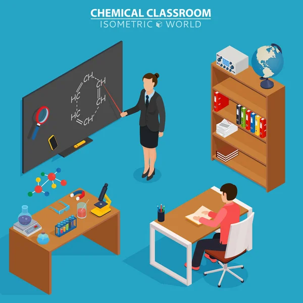 Chemical classroom. School education isometric design concept with teacher at blackboard and pupil in classroom. — Stock Vector