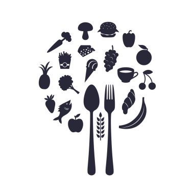 Çatal ve kaşık, küre şeklinde Restoran gıda simgeler vektör çizim