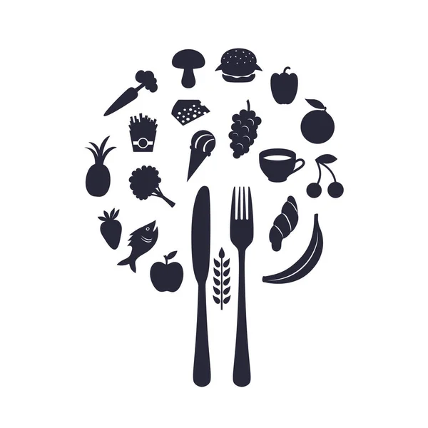 Ícones do alimento do restaurante na forma da esfera com garfo e faca, ilustração do vetor — Vetor de Stock