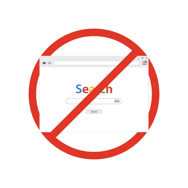 Ventana del navegador con la búsqueda en señal de prohibición. Navegador prohibido. Prohibido prohibir símbolo de parada . — Archivo Imágenes Vectoriales