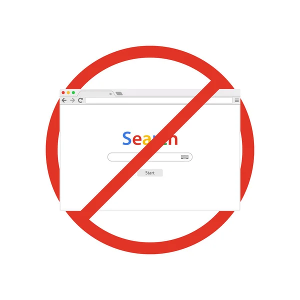 Ventana del navegador con la búsqueda en señal de prohibición. Navegador prohibido. Prohibido prohibir símbolo de parada . — Archivo Imágenes Vectoriales