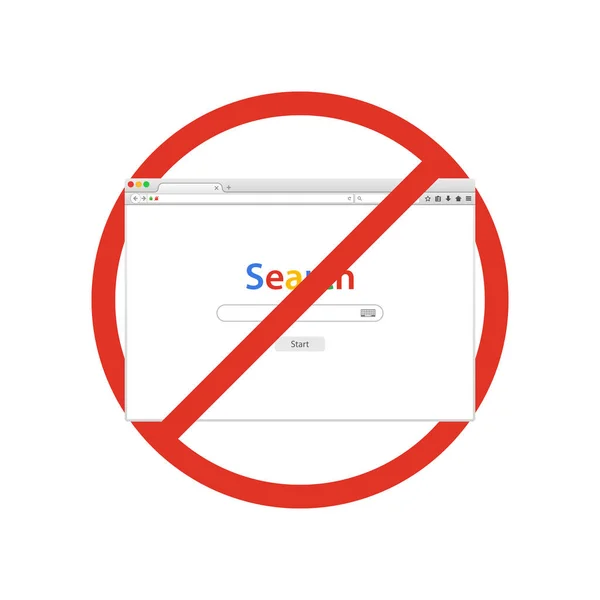 Ventana del navegador con la búsqueda en señal de prohibición. Navegador prohibido. Prohibido prohibir símbolo de parada . — Archivo Imágenes Vectoriales