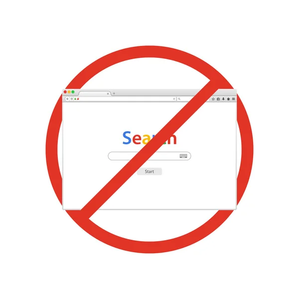 Fenêtre du navigateur avec recherche dans le panneau d'interdiction. Navigateur interdit. Interdiction d'arrêt symbole . — Image vectorielle