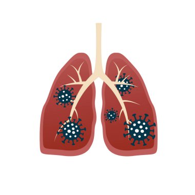 Virüs hücreleri akciğer yiyor. Akciğeri ısıran virüs hücreleri. Akciğer hasarı. Korkunç ve şeytani suratlı virüs hücresi. Coronavirus ciğer yeme konsepti.