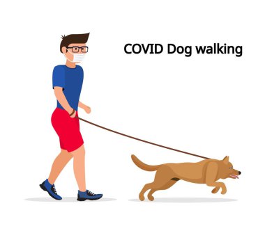 Beyaz koruyucu maskeli ve tıbbi eldivenli bir adam köpekleriyle yürüyor. Coronavirus karantina vektör çizimi.