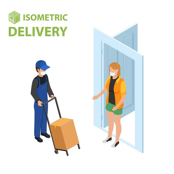 Koncepcja wektora izometrycznego. Kurier zostaje z paczką przy drzwiach i przekazuje paczkę klientowi. — Wektor stockowy