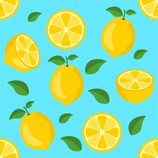 レモン柑橘類の繰り返しパターン生地ギフトラップ壁のテクスチャ青の背景ベクトル — ストックベクタ