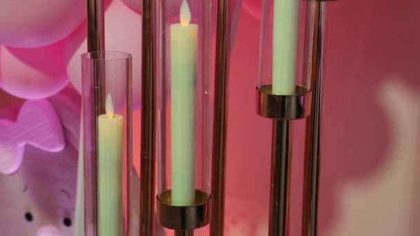 Candles Glass Flasks Background Pink Balloons — Stock Video