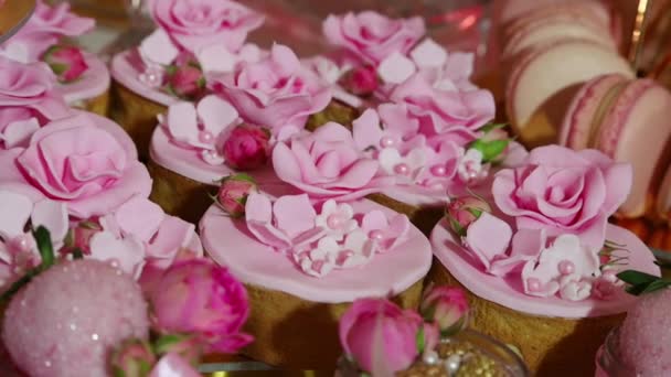 Bomboane Bar Macaroons Prăjituri Brioșe Petrecere Roz — Videoclip de stoc