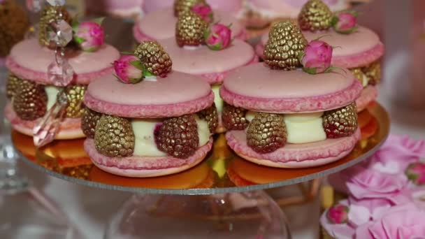 Csoki Szelet Macaroons Sütemények Cupcakes Muffinok Rózsaszín Party — Stock videók