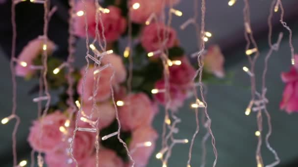 Rosas Decorativas Guirlandas Lâmpadas Para Decoração Férias — Vídeo de Stock