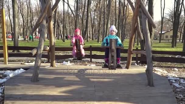 Twee kinderen rijden op een paard schommels — Stockvideo