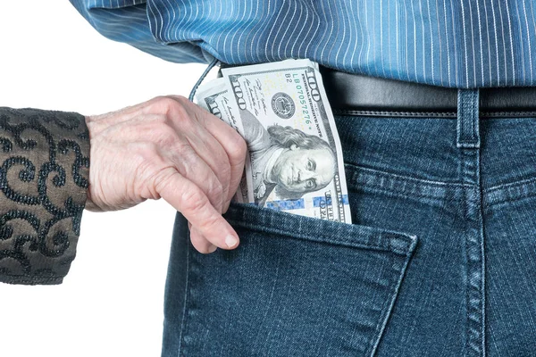 Mão com dólares no bolso de trás — Fotografia de Stock