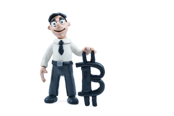 Figurine of businessman with bitcoin — Stock Photo, Image