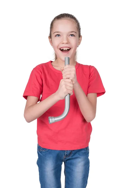 Girl singing into an imaginary microphone — Stock Photo, Image