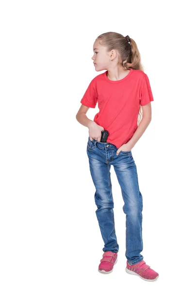 Girl with a gun behind her belt — Stock Photo, Image