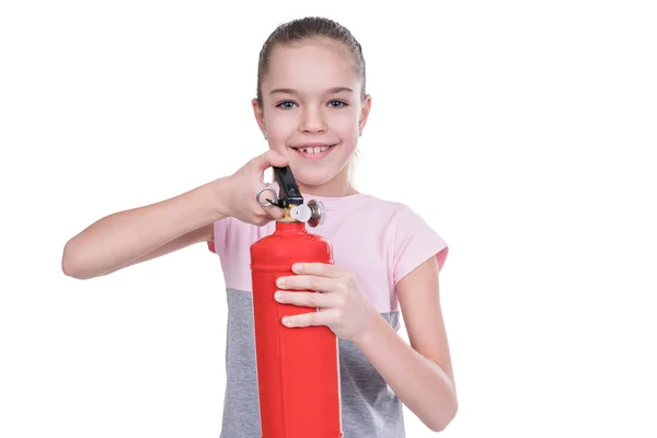 Retrato de niño con extintor de incendios — Foto de Stock