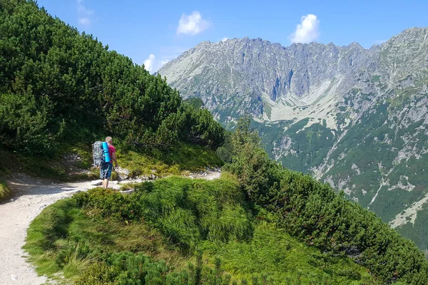 Turista sétál az ösvényen a hegyekben — Stock Fotó