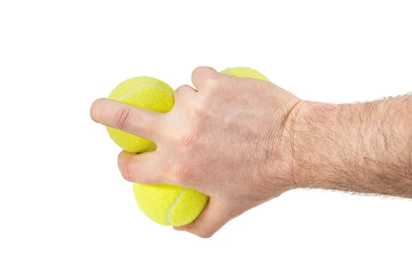 Три Желтых Теннисных Мяча Мужской Руке Белом Фоне — стоковое фото