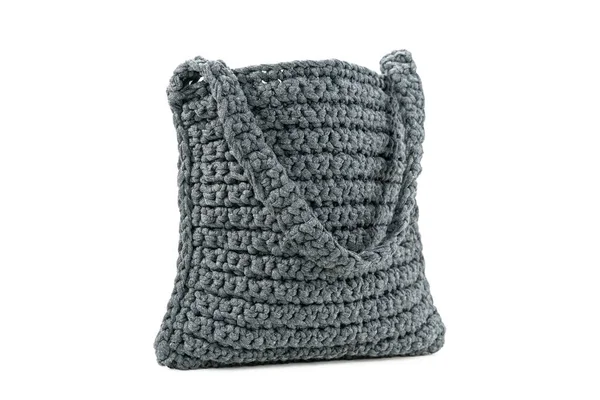 Gray knitted handmade bag on white — Stock Photo, Image