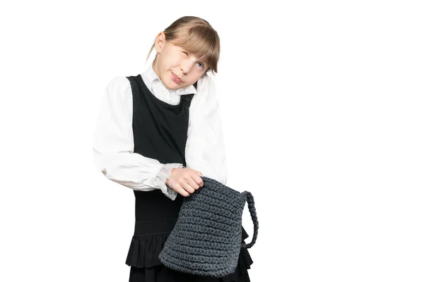 Hermosa Colegiala Buscando Algo Una Bolsa Con Mano Dentro Aislada Fotos de stock libres de derechos