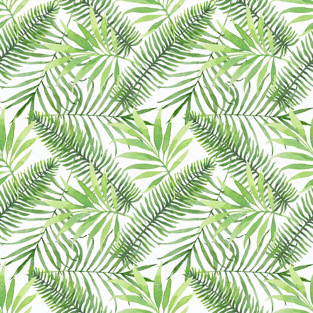 Watercolor seamless pattern with palm leaves. Tropical background for your design.