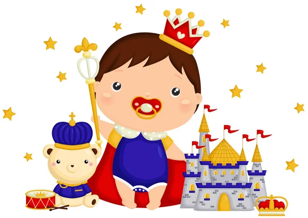 Príncipe bebé con oso y castillo — Vector de stock
