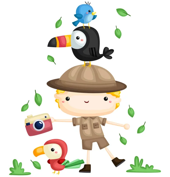 Boy Zookeepers y Bird — Vector de stock