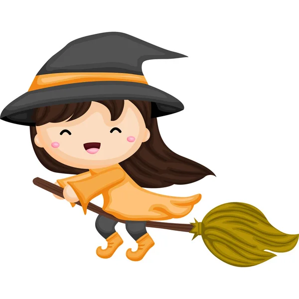 Little Witch Girl Flying Her Broom — Stock Vector