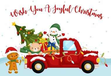 Bir sürü Noel Karakteri ve Ögeleri ile Şirin Noel Kamyonu Teması Vektör Kartı