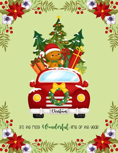 Karta Wektorowa Cute Gingerbread Man Jazda Red Christmas Truck Pełna — Wektor stockowy