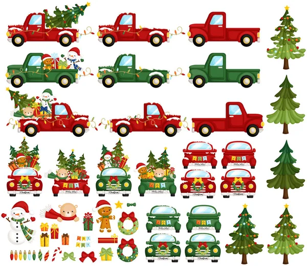 Wektor Zestaw Cute Kolorowe Christmas Truck Dużą Ilością Znaków Przedmiotów — Wektor stockowy
