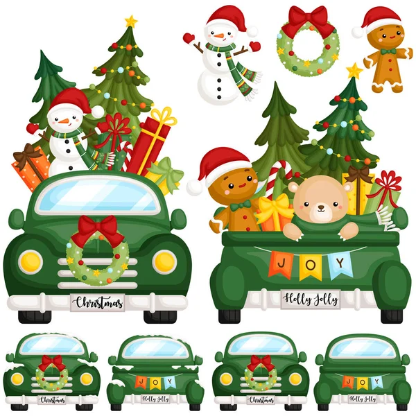 Conjunto Vectores Lindo Camión Navidad Verde Parte Delantera Trasera Con — Archivo Imágenes Vectoriales